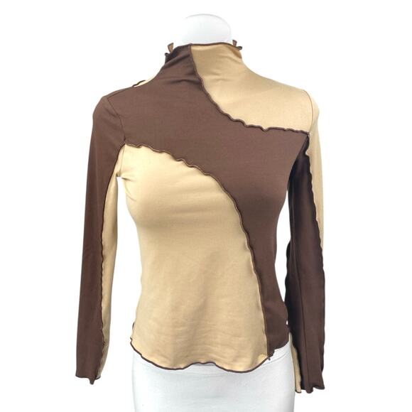 Commense Women's Cream Brown Colorblock Turtleneck Long Sleeve Sweater Top Sz M - Picture 1 of 4